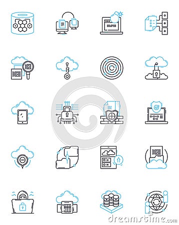 Cyber security linear icons set. Firewall, Encryption, Malware, Spoofing, Phishing, Hacking, Identity theft line vector Vector Illustration