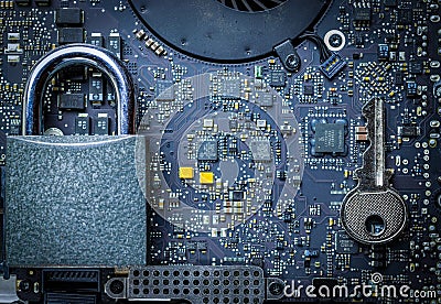 Cyber security lock. Security computer Data Internet protection with lock, key on microscheme chip. Hacker attack and Stock Photo