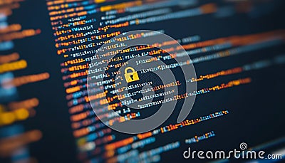 Cyber Security Lock on Programming Code, Digital Software Development and Protection Concept. Stock Photo