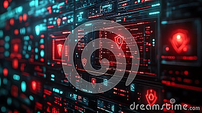 Cyber security network firewall data protection system with shield icons and digital technology interface Stock Photo