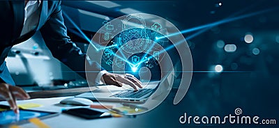 Cyber security network. Padlock icon and internet technology networking. Businessman protecting data personal information on Stock Photo