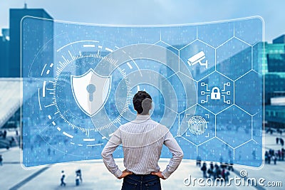Cyber security and network protection. Cybersecurity expert working with secure access on internet. Concept with icons on screen Stock Photo
