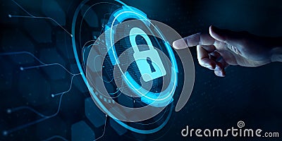 Cyber security and online data protection on internet. Finger touching HUD holographic secure access system interface with lock Stock Photo