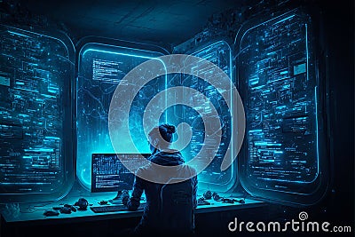Cyber security operator or hacker works with data in dark room, generative AI Cartoon Illustration