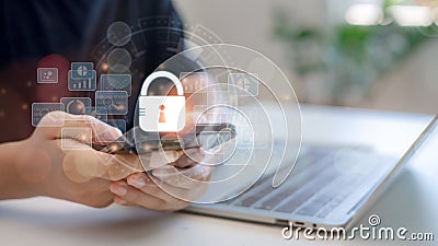 Cyber security and Security password login online concept Hands typing and entering username and password of social media, logging Stock Photo