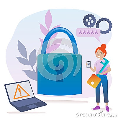 Cyber security and password strength concept. Person secures computer and smartphone with strong password. User Vector Illustration