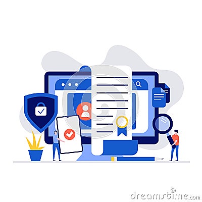 Cyber security and privacy policy concept with characters. Computer with firewall protection shield on screen. Modern vector Vector Illustration