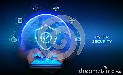 Cyber security and protection smartphone. Protection shield with Check mark icon. Secure internet connection, vpn, encryption. Vector Illustration