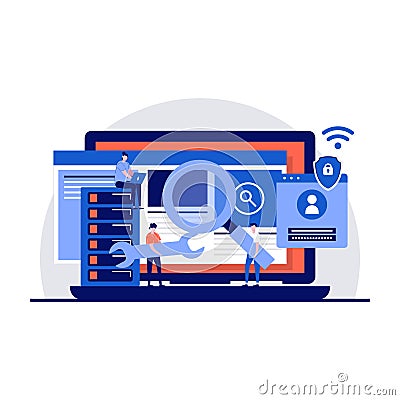 Cyber security service concept with tiny character. Developer team access and protecting data confidentiality, developing computer Cartoon Illustration