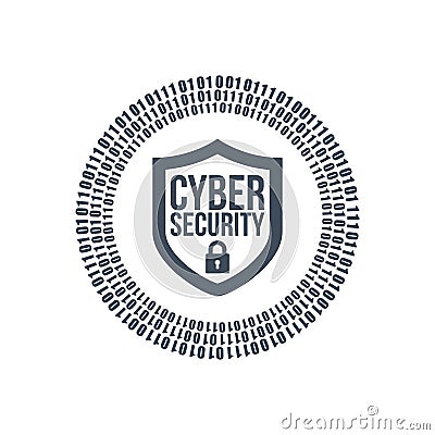 Cyber security shield icon or logo. binary digital circles and lock. vector illustration isolated on white background Cartoon Illustration