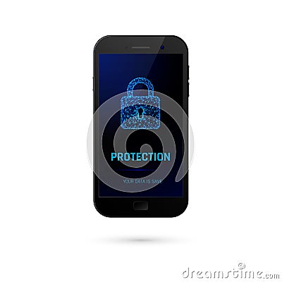 Cyber security system concept. Mobile phone with padlock on screen. Vector Vector Illustration