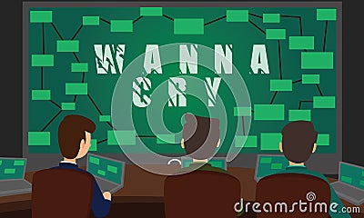 Cyber Security Team fighting with WannaCry Ransomware Attack. Cartoon Illustration