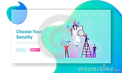 Cyber Security Technologies Website Landing Page. Fingerprint Scanning. Tiny Characters around Huge Mobile Phone Vector Illustration