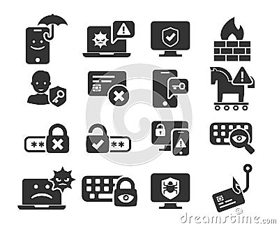 Cyber Security and threat icons set in BW Vector Illustration