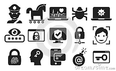 Cyber Security and threat icons set 03 in BW Vector Illustration