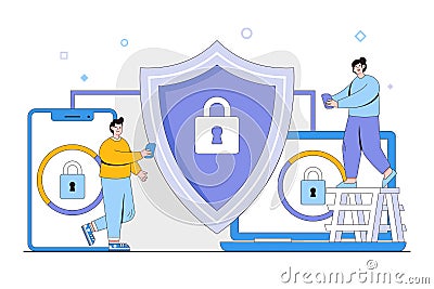 Cyber security vector illustration concept with characters. Data security, protected access control, privacy data protection. Vector Illustration
