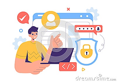 Cyber Security Vector Illustration of Data Protection, Safety Measures, and Secure Systems for Networks, Internet, and Backup Stock Photo