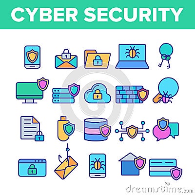 Cyber Security Vector Thin Line Icons Set Vector Illustration
