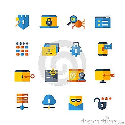 Cyber security, virus web protection vector flat icons Vector Illustration