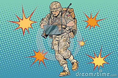 Cyber soldier with a computer Vector Illustration