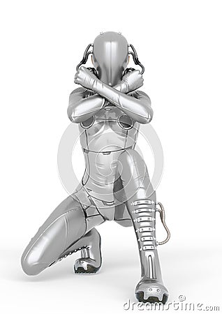 Cyber soldier female crouching with arms in x Cartoon Illustration