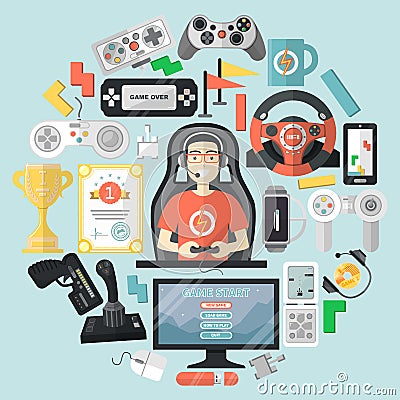 Cyber sport gamer character flat vector illustration. Master computer games, design personal computing machine and Vector Illustration