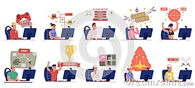 Cyber sport gamers, e-sport team, battle and coaching. Multiethnic gamers team playing video games vector illustration Vector Illustration