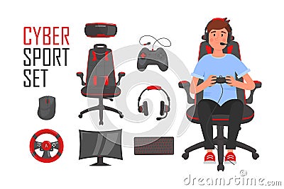 Cyber Sport set. eSports gaming icons with young gamer sitting in chair and playing video game. Vector Illustration