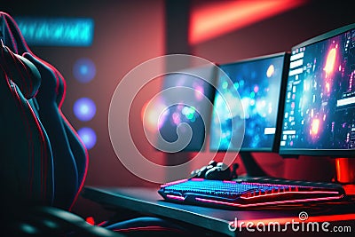 Cyber sportsman professional home gaming studio with computer setup and chair. Generative AI Stock Photo