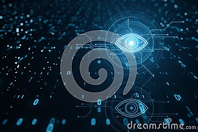 Cyber spy technology hologram, virtual eye of internet control surveillance and digital invigilation backdrop with coding. 3D Stock Photo