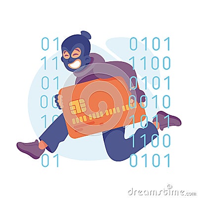 Cyber Swindler Man in Mask with Card Hacking Internet Steal Money Vector Illustration Vector Illustration