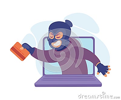 Cyber Swindler Man in Mask Look from Laptop Screen with Card Hacking Internet Steal Money Vector Illustration Vector Illustration