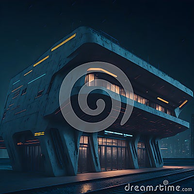 Cyber Synthwave Sci Fi Futuristic City Railway Station Midnight Glowing Lasers Neons Orange Purple Concrete Building Generative Ai Stock Photo