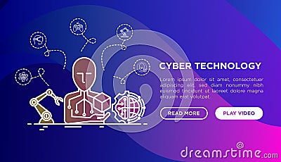 Cyber technology concept with thin line icons: ai, virtual reality glasses, bionics, robotics, computer game, face identification Vector Illustration
