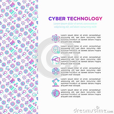 Cyber technology concept with thin line icons: ai, virtual reality glasses, bionics, robotics, global network, computer game, Vector Illustration
