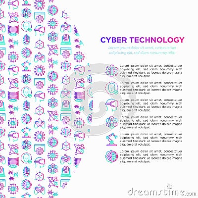 Cyber technology concept with thin line icons: ai, virtual reality glasses, bionics, robotics, global network, computer game, Vector Illustration
