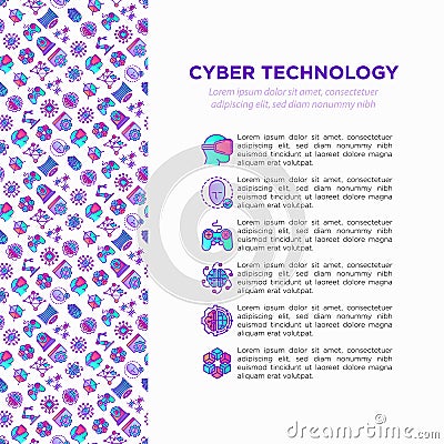 Cyber technology concept with thin line icons: ai, virtual reality glasses, bionics, robotics, global network, computer game, Vector Illustration
