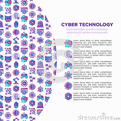 Cyber technology concept with thin line icons: ai, virtual reality glasses, bionics, robotics, global network, computer game, Vector Illustration