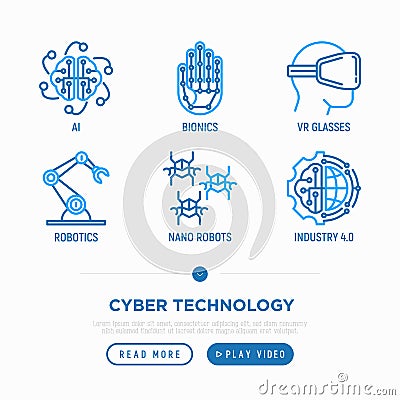 Cyber technology thin line icons set: ai, virtual reality glasses, bionics, robotics, nano robots, industry 4.0. Vector Vector Illustration