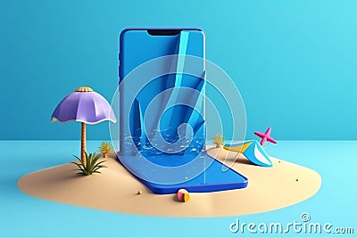 sea phone cyber concept sand creative mock holiday summer palm up. Generative AI. Stock Photo