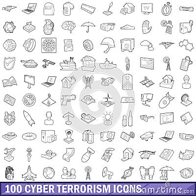 100 cyber terrorism icons set, outline style Vector Illustration