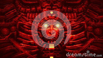 Cyber wall with robot head bas-relief in form of woman face. Red color Stock Photo