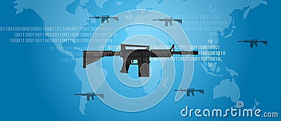 Cyber warfare concept gun digital code world wide military assault firearm Vector Illustration