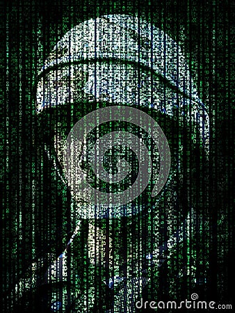 Cyber warfare concept. Military soldier embedded into computer internet symbol binary code. Stock Photo