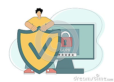 Cyber or web security concept. GDPR compliance. Security of personal data on the Internet. Man holds a billboard in Vector Illustration