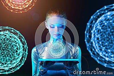 Cyber woman holding lighting panel with glowing polygonal abstract sphere Stock Photo