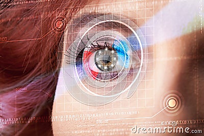 Cyber woman with technolgy eye looking Stock Photo