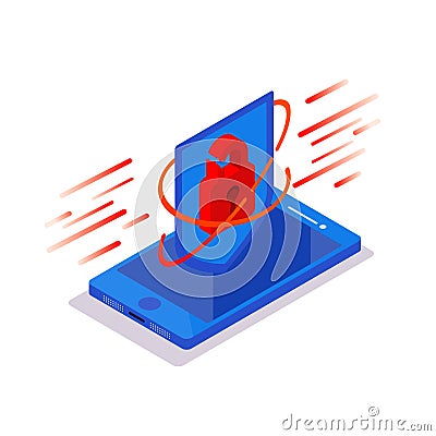 Cyberattack. Isometric phone with padlock protective shield on a blue background. Hacking smartphone user database. New Vector Illustration