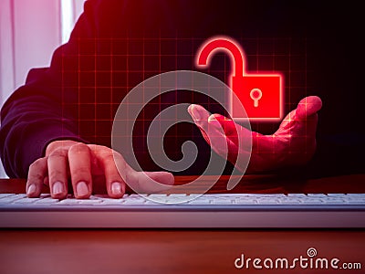 Cyberattack, cybercrime and internet crime, scam, hacking concepts. Unsecure, Unlocked padlock icon, in anonymous hackers hands on Stock Photo