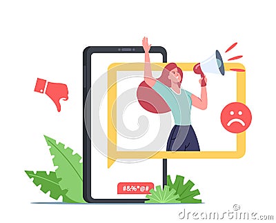Cyberbullying Attack, Bully Network Abuse and Harassment Concept. Cyber Bullying Problem. Hater Character on Smartphone Vector Illustration